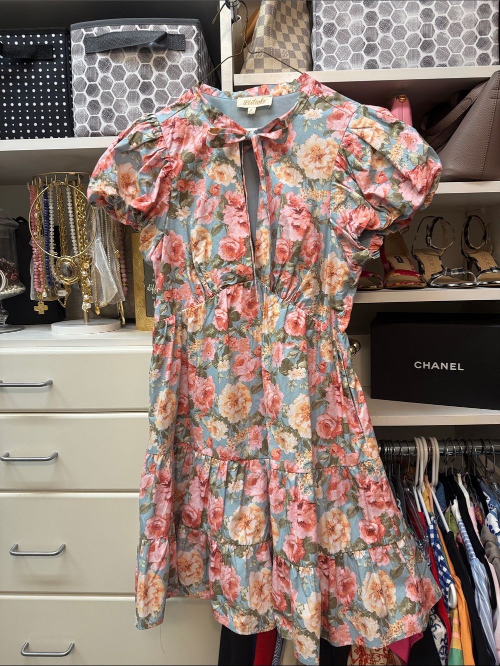 Listicle Floral Puff-Sleeve Mini Dress in Coral and Light Blue